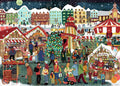 ravensburger christmas market jigsaw puzzle featuring a Colorful winter scene of a Christmas market in a snowy town at night.