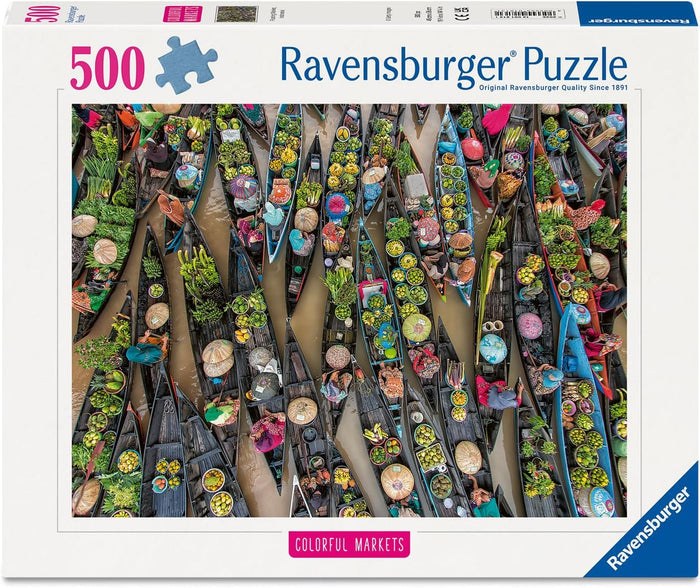 Ravensburger puzzle box with colorful market scene and '500 piece' label