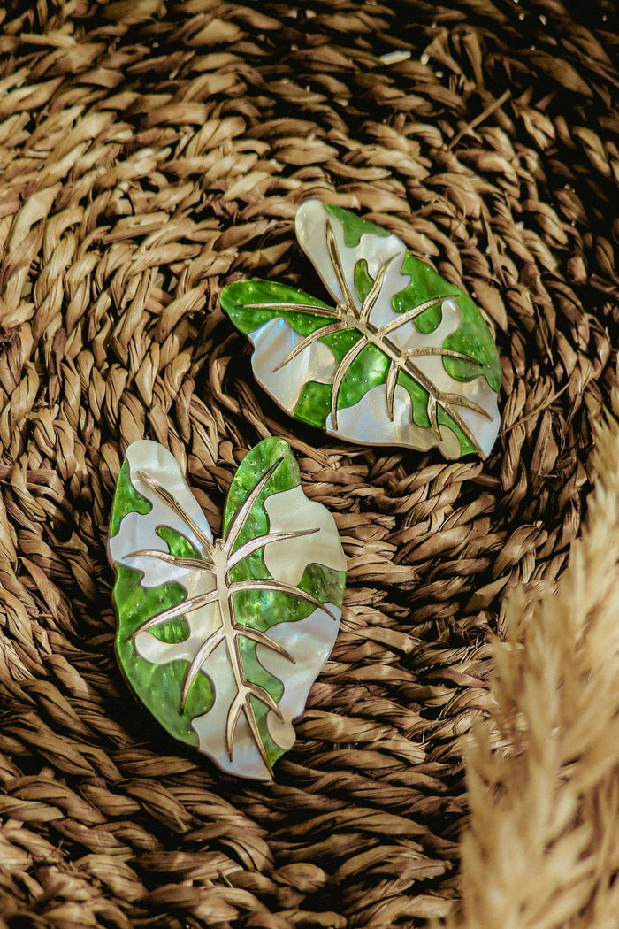 Two decorative brooches shaped like green monstera leaves with white accents rest on a woven natural fiber surface, resembling hand-crafted jewelry. Beige pampas grass adds a soft touch in the lower right corner.