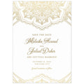 Middle Eastern pattern in gold at the top and bottom of the card. Script and block font in gold centered on the white card.