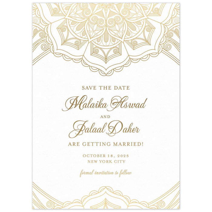 Middle Eastern pattern in gold at the top and bottom of the card. Script and block font in gold centered on the white card.