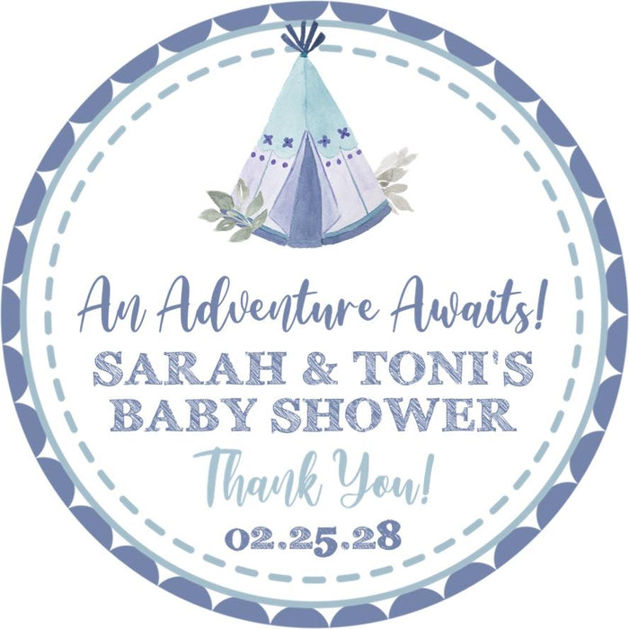 Blue teepee baby shower sticker with “An Adventure Awaits” message