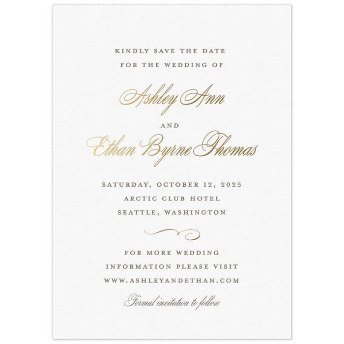 White paper save the date with pewter letterpress in block type with gold foil script and a flourish