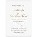 White paper save the date with pewter letterpress in block type with gold foil script and a flourish