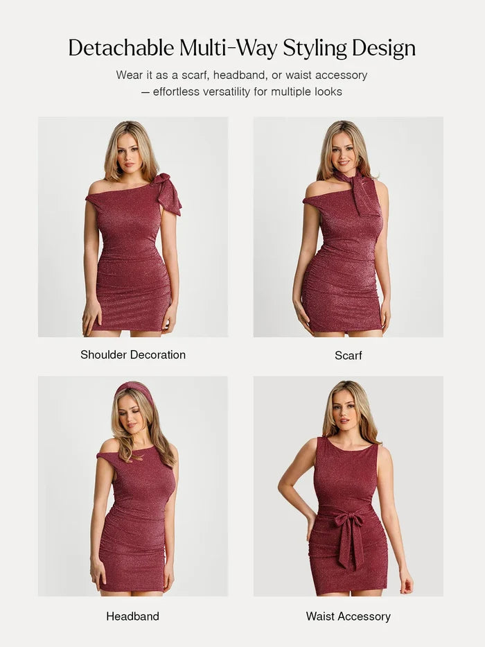 Popilush® Asymmetric Shoulder Tie Ruched Sculpting Midi Dress