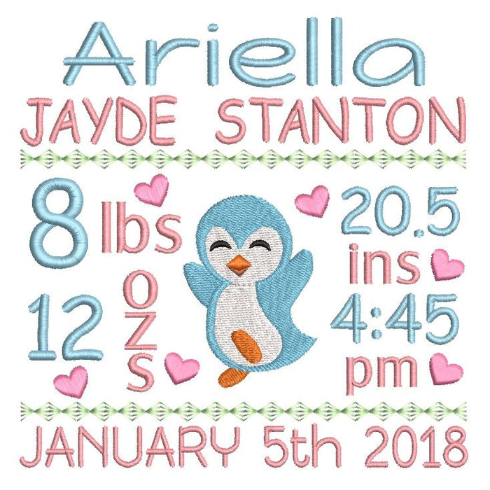 Baby birth announcement -custom embroidery design by rosiedayembroidery.com
