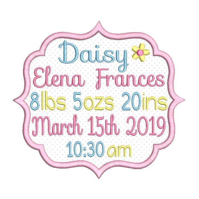 Baby birth announcement -custom embroidery design by rosiedayembroidery.com