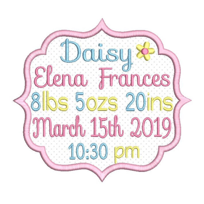Baby birth announcement -custom embroidery design by rosiedayembroidery.com