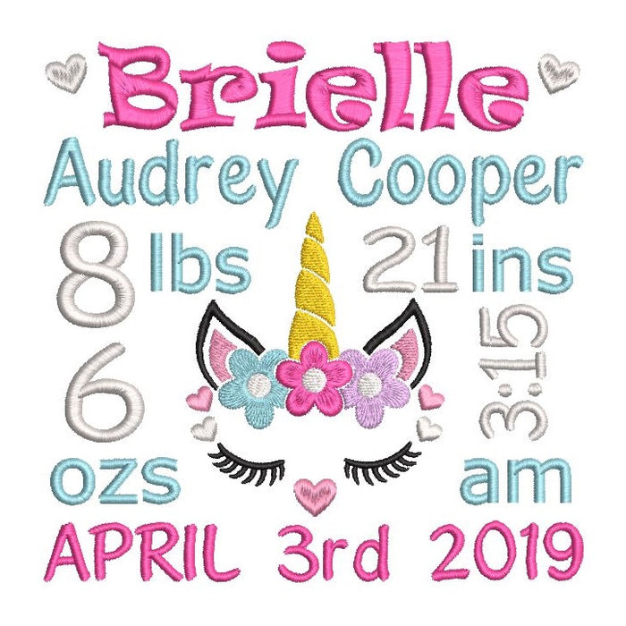 Baby birth announcement -custom embroidery design by rosiedayembroidery.com