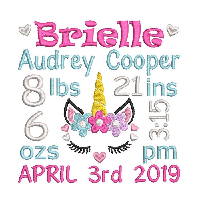 Baby birth announcement -custom embroidery design by rosiedayembroidery.com