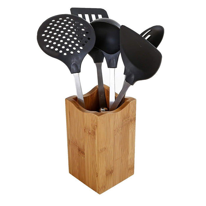 Bamboo Wood Cooking Utensil Holder, Kitchen Countertop Storage Organizer Container