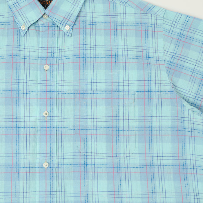 Beams Plus Button Down Cotton/Linen Short Sleeve Shirt - Sax