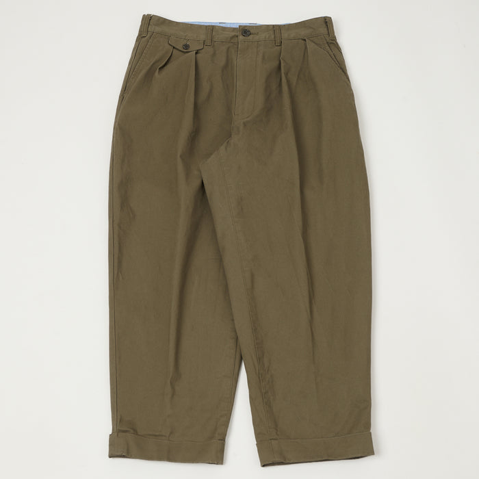 Beams Plus Double Pleat Twill Trousers - Olive