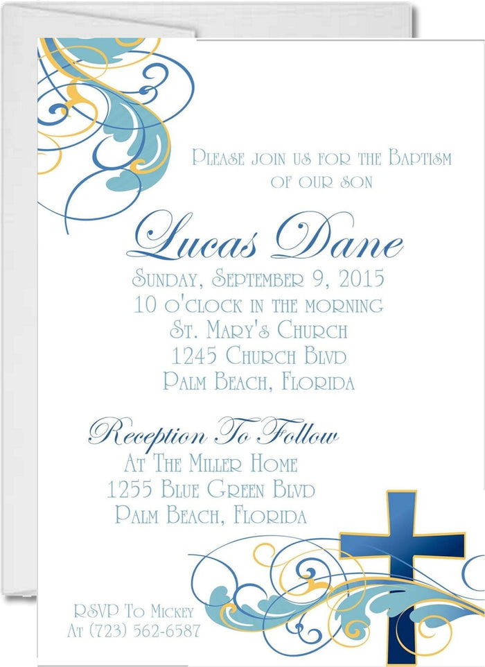 Blue and gold baptism invitation with flourish accents and cross design