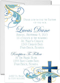 Blue and gold baptism invitation with flourish accents and cross design
