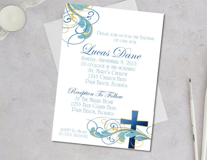 Elegant blue gold baptism invitation with script lettering