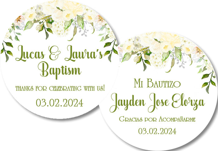 Green baptism stickers english spanish