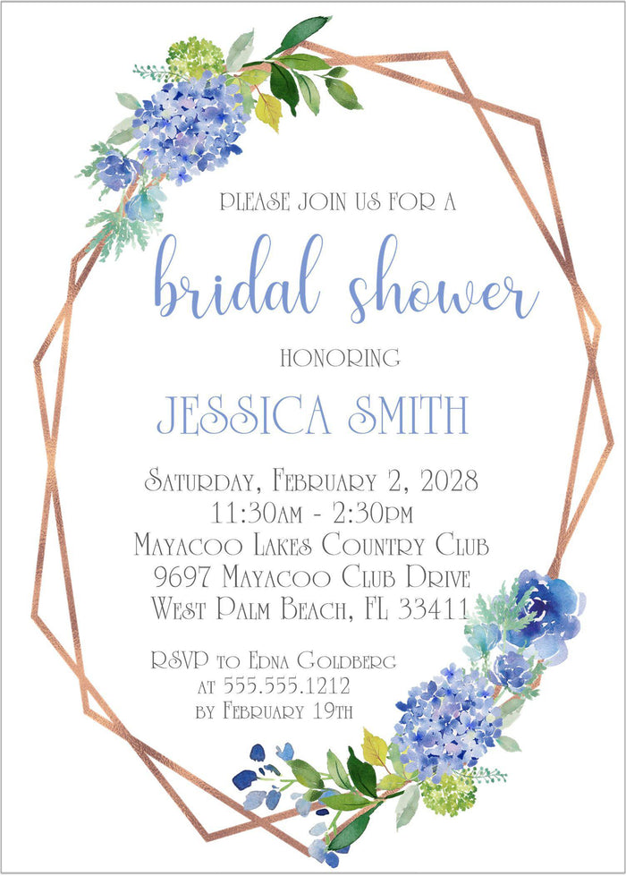 Elegant blue floral bridal shower invite with greenery
