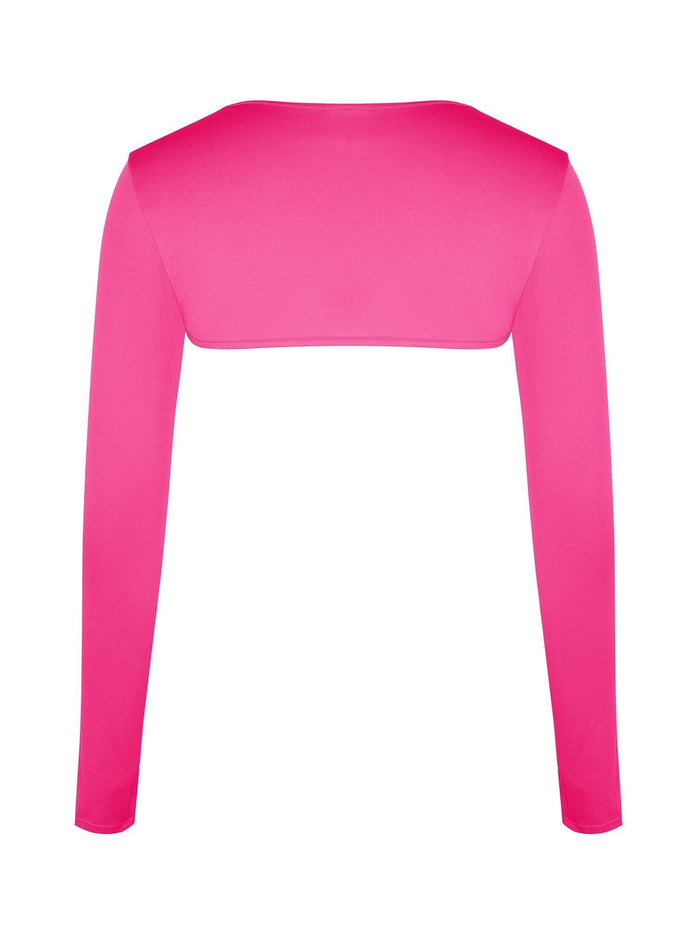 Popilush®'s Bluetag Cooling Long Sleeve Shrug in pink, with long sleeves and a cropped design.