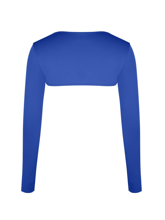 Blue, cooling shrug with long sleeves from Popilush®; cropped shawl design.