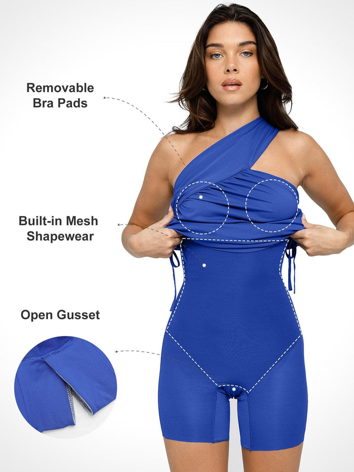 Bluetag blue one-shoulder ruched shapewear dress with built-in mesh and open gusset.