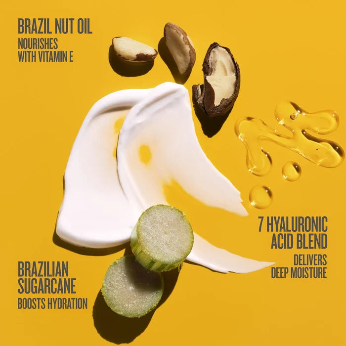 Product advertisement with Brazil nut oil, hyaluronic acid blend, and sugarcane on a yellow background.
