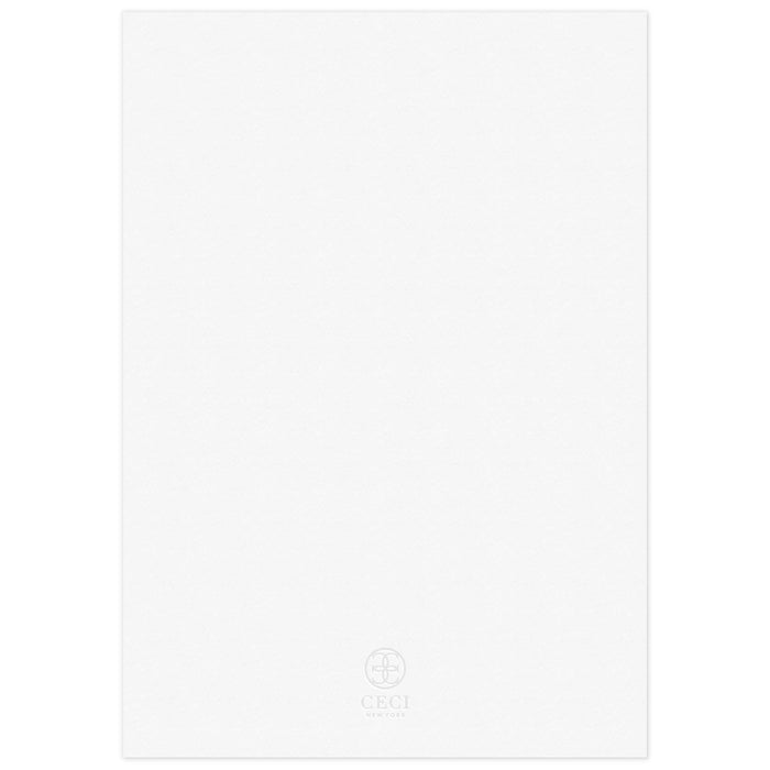 White blank back of a invitation with a gray Ceci New York circle logo at the bottom.