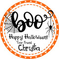 Orange and black BOO Halloween sticker with script lettering