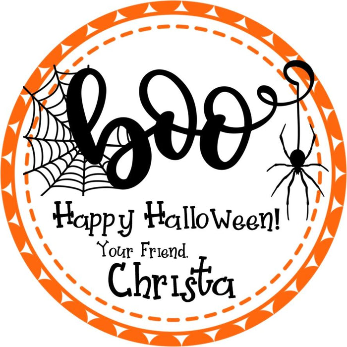 Orange and black BOO Halloween sticker with script lettering