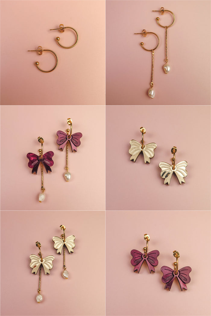 A grid of six images shows three pairs of gold-plated and purple bow earrings, each arranged front and back on a soft pink background. Some earrings feature freshwater pearl or chain accents for a refined touch.