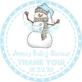 Blue snowman baby shower sticker with snowflake design