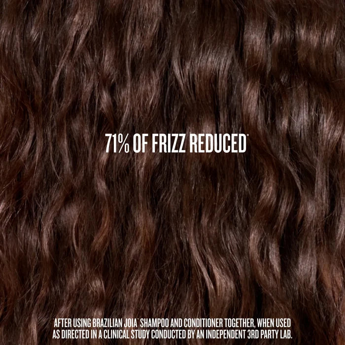 Close-up of curly brown hair with text indicating 71% frizz reduction, set against a dark brown background.