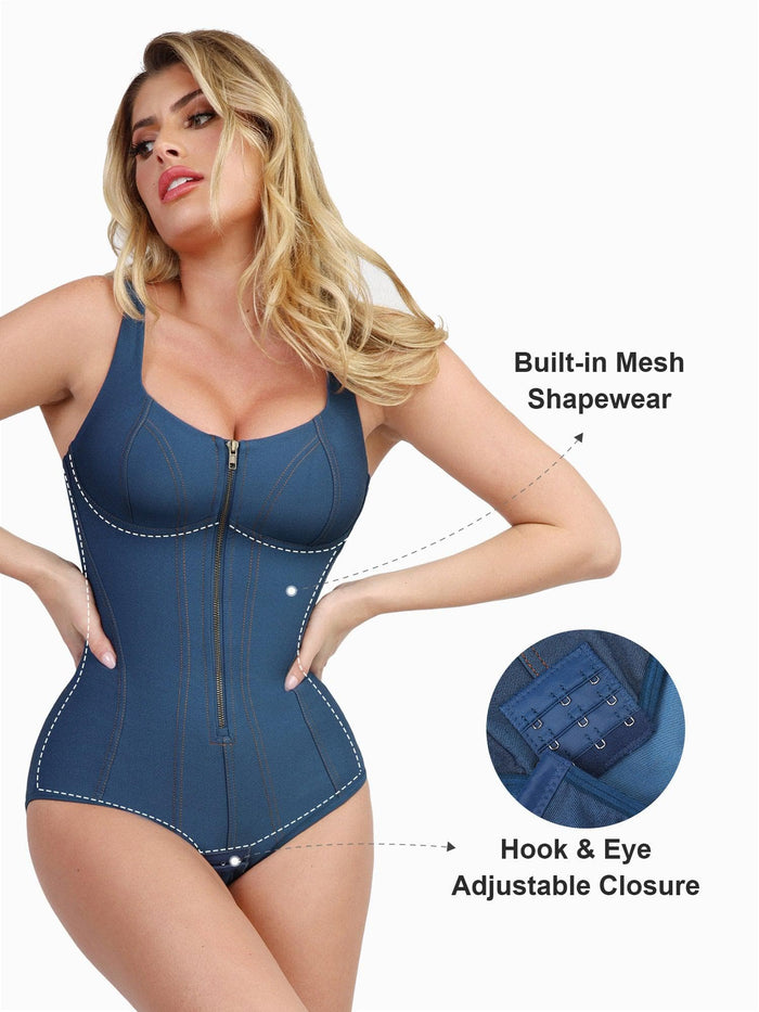 Blue denim shapewear by Popilush®, with built-in mesh for waist trimming and adjustable closure.