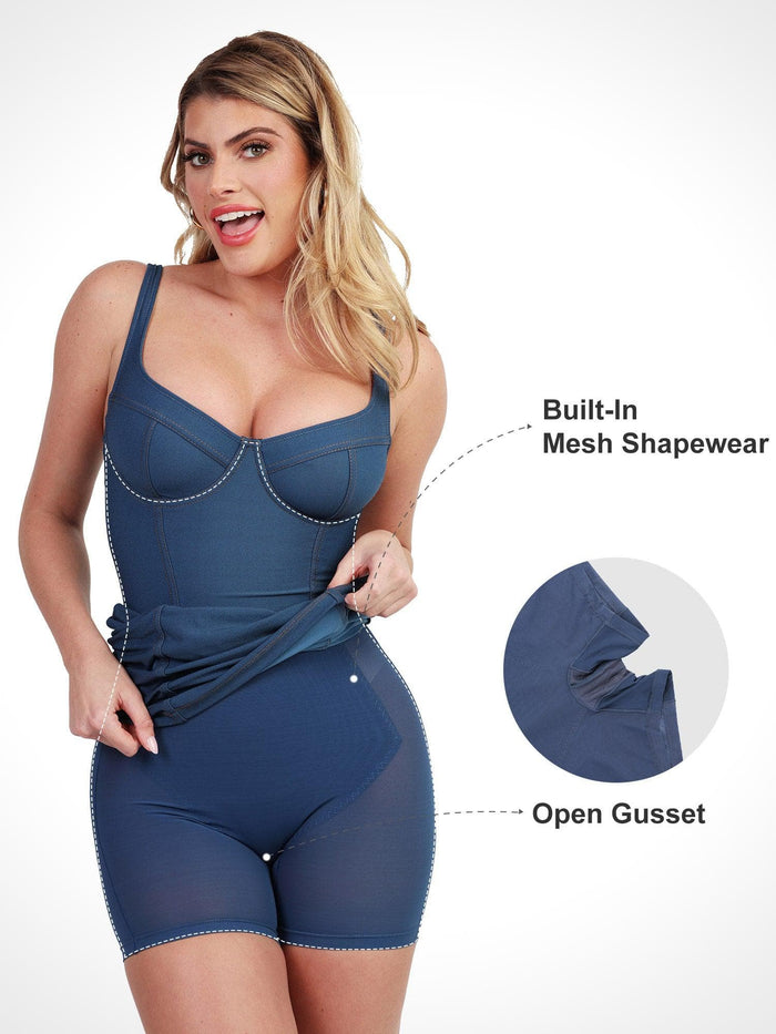 Blue denim bodysuit with built-in shapewear from Popilush®, featuring an open gusset design.