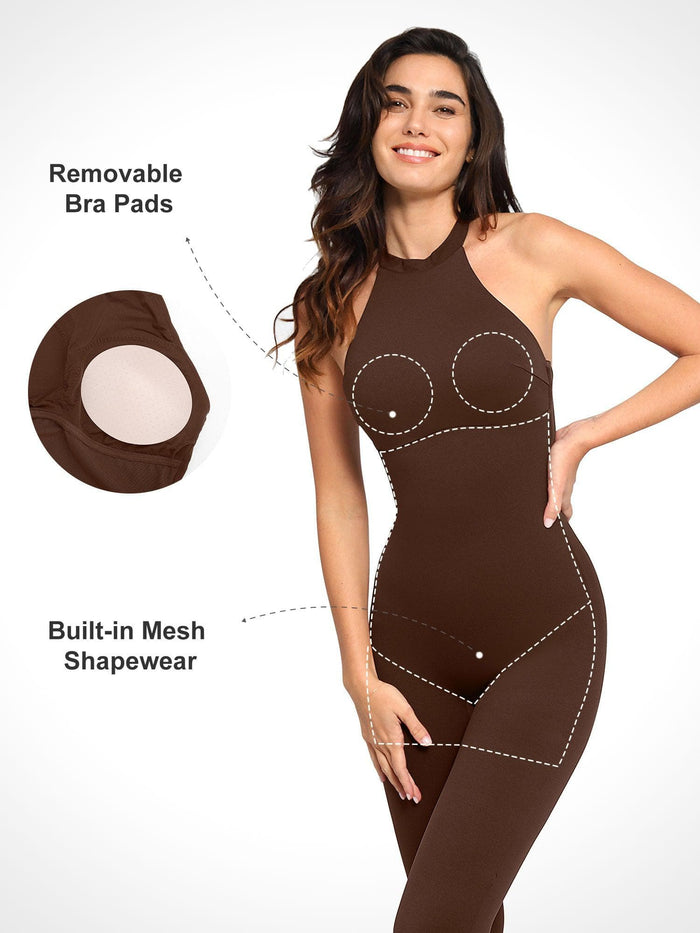 Popilush® Brown halter jumpsuit with built-in shapewear, and removable pads for enhanced comfort and style.