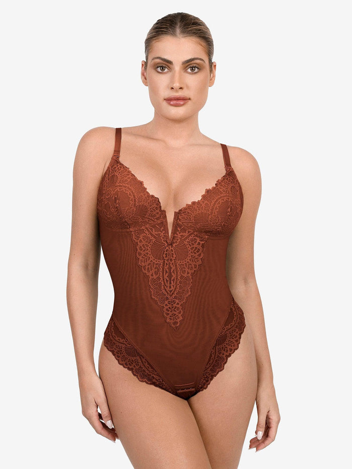 Elegant brown lace bodysuit from Popilush®, featuring a deep V-neck