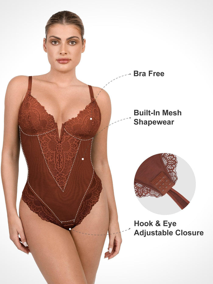 Lace bodysuit by Popilush®, with adjustable closure, built-in shapewear, and a V-neck design.