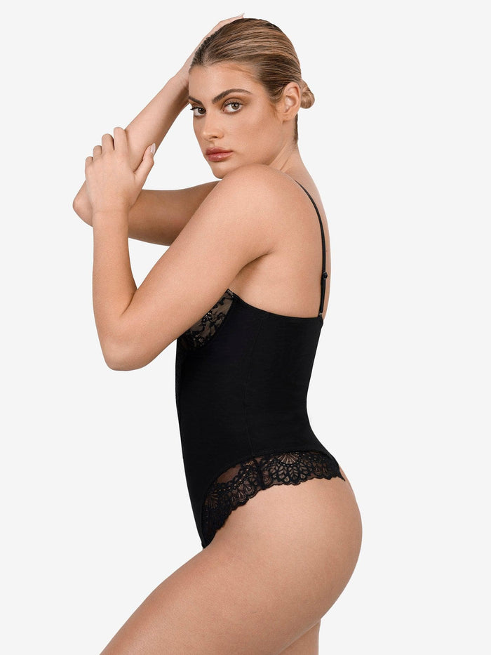 Shapewear bodysuit from Popilush®, featuring a deep V-neck and lace detail, perfect for shaping and style.
