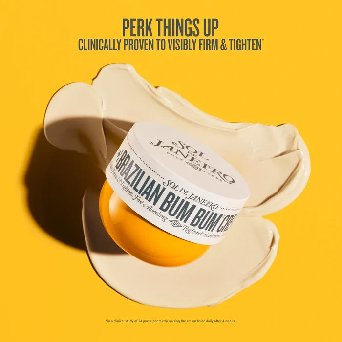 Brazilian Bum Bum Cream container with label on a yellow background
