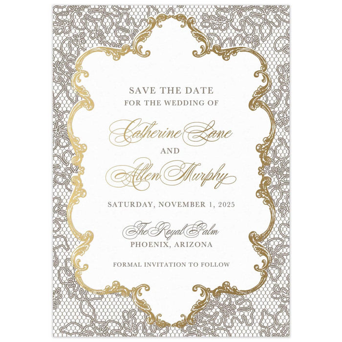 Lace pattern on the whole card, gold frame holding the block and script text.