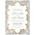 Lace pattern on the whole card, gold frame holding the block and script text.