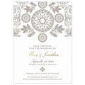Mexican pattern of circles, leaves and scrolls at the top of the save the date. Block and script text centered on the card.