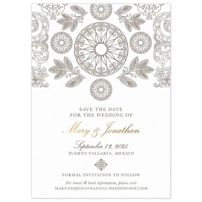 Mexican pattern of circles, leaves and scrolls at the top of the save the date. Block and script text centered on the card.
