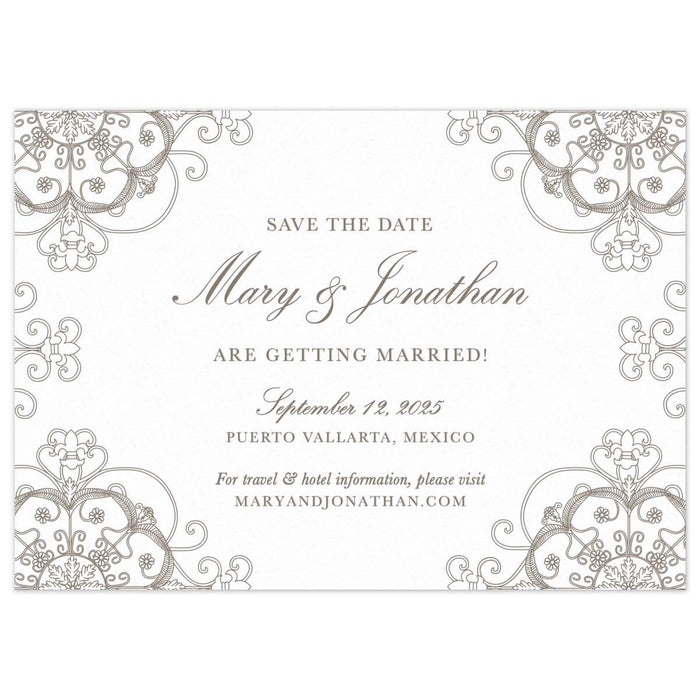 White horizontal save the date with circle and scroll pattern in pewter in all the corners of the card. Block and script font in pewter centered on the page.
