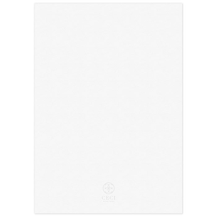 White blank back of a invitation with a gray Ceci New York circle logo at the bottom.