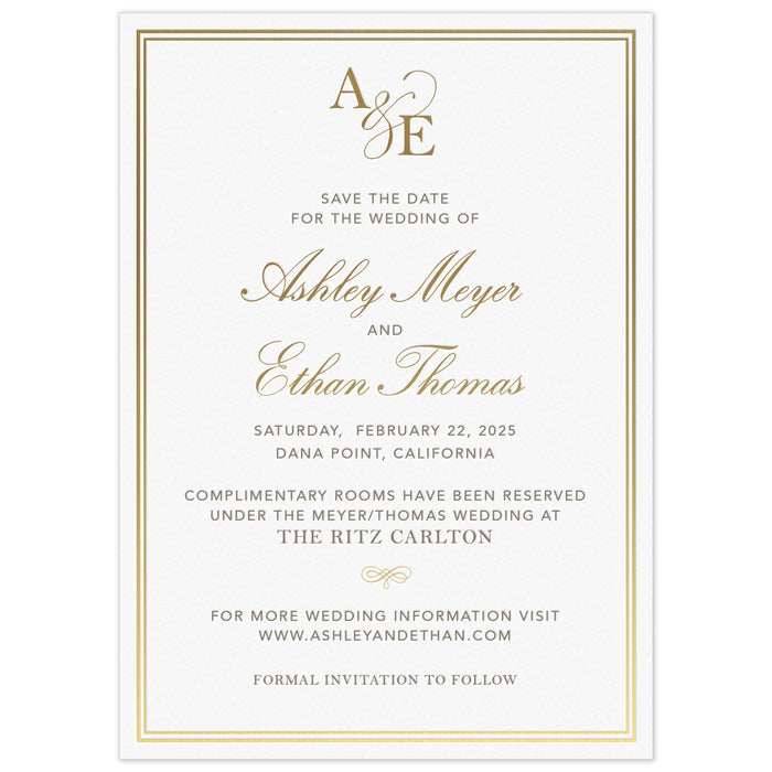 Simple save the date with a double line border. Block pewter and gold script font centered on the page. Block initials and script ampersand monogram at the top of the card.