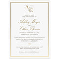 Simple save the date with a double line border. Block pewter and gold script font centered on the page. Block initials and script ampersand monogram at the top of the card.