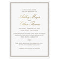 Simple save the date with a double line border. Block pewter and gold script font centered on the page.