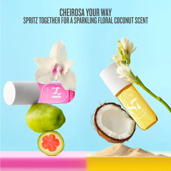 Cosmetic products with fruits and flowers on a blue background, promoting a sparkling floral coconut scent.