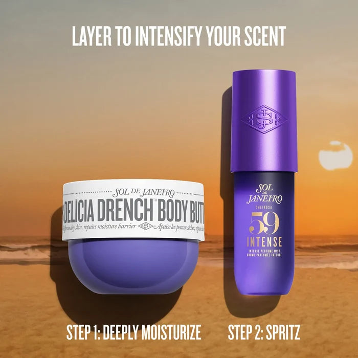 Two Sol de Janeiro body care products shown against a sunset beach background: a purple jar labeled 'Delicia Drench Body Butter' and a matching purple spray bottle labeled 'Sol de Janeiro Body Spray 59 Intense.' Text at the top reads 'LAYER TO INTENSIFY YOUR SCENT,' and text at the bottom says 'STEP 1: DEEPLY MOISTURIZE' and 'STEP 2: SPRITZ.